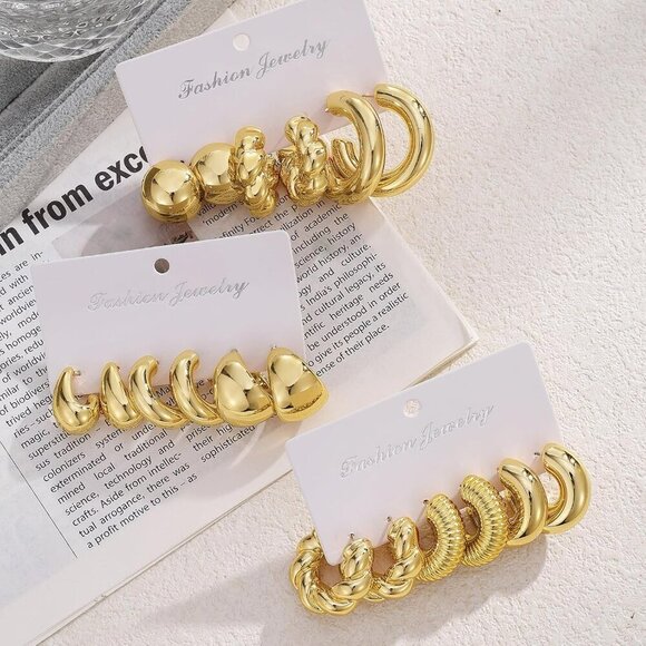 24 Pairs Gold Hoop Earrings Set for Women Hypoallergenic Chunky Chain Tw… - Picture 2 of 7